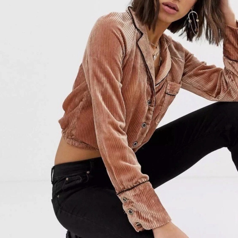 Free People Aspen Nights Velvet Blouse Size Small Button‎ Down Long Sleeves